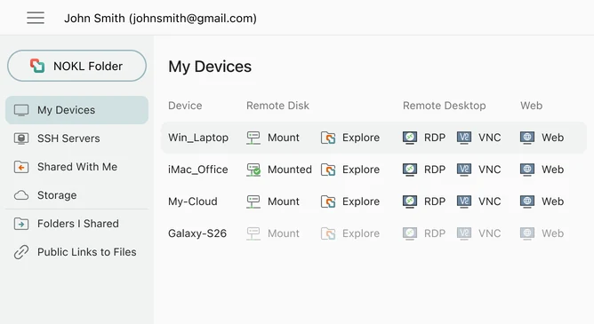 NOKL My Devices screen showing connected computers and remote access actions